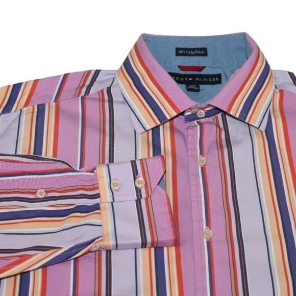 Tommy Hilfiger Large 80's 2 Ply Fabric Multi Color Striped Clubwear Dress Shirt - Picture 4 of 8